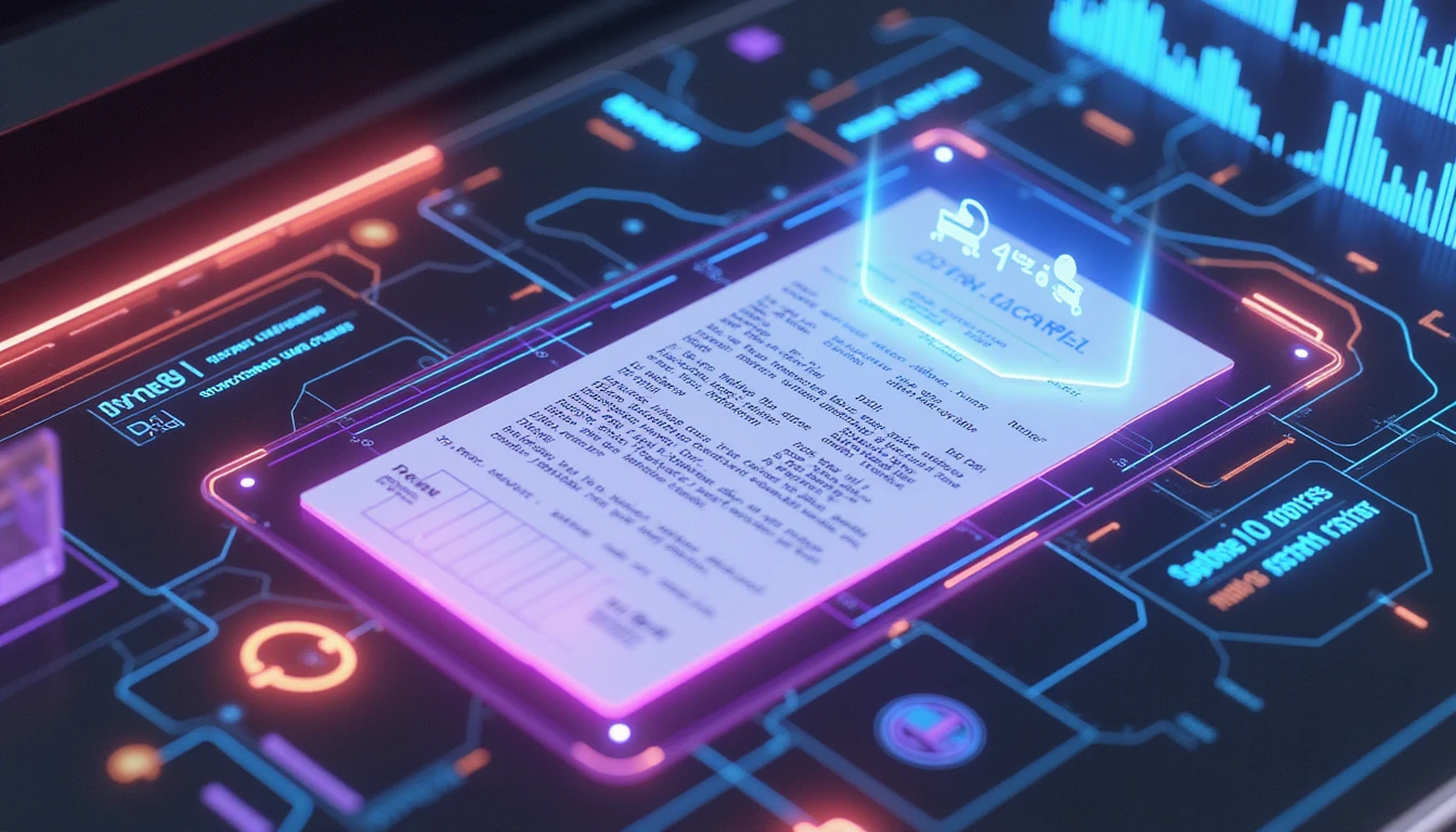 Leuchtender digitaler Beleg, gescannt von einer neonbeleuchteten KI-Oberfläche, die Anomalien in Echtzeit erkennt.