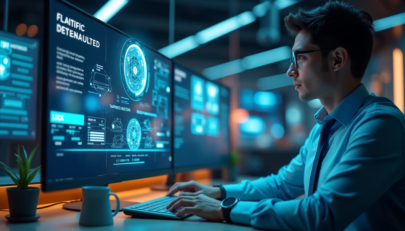 Versicherungsanalyst, der den KI-Fraud Scanner von VAARHAFT verwendet, mit holografischen Warnungen und neuronalen Netzwerksichten in einem High-Tech-Büro.