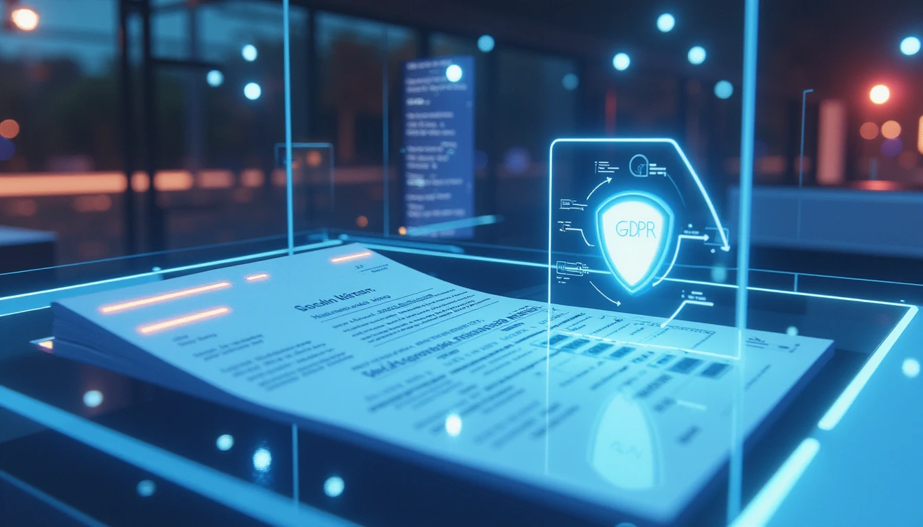 Holographic AI fraud detection scanning a digital document with GDPR shield icon in neon-lit high-tech office at night