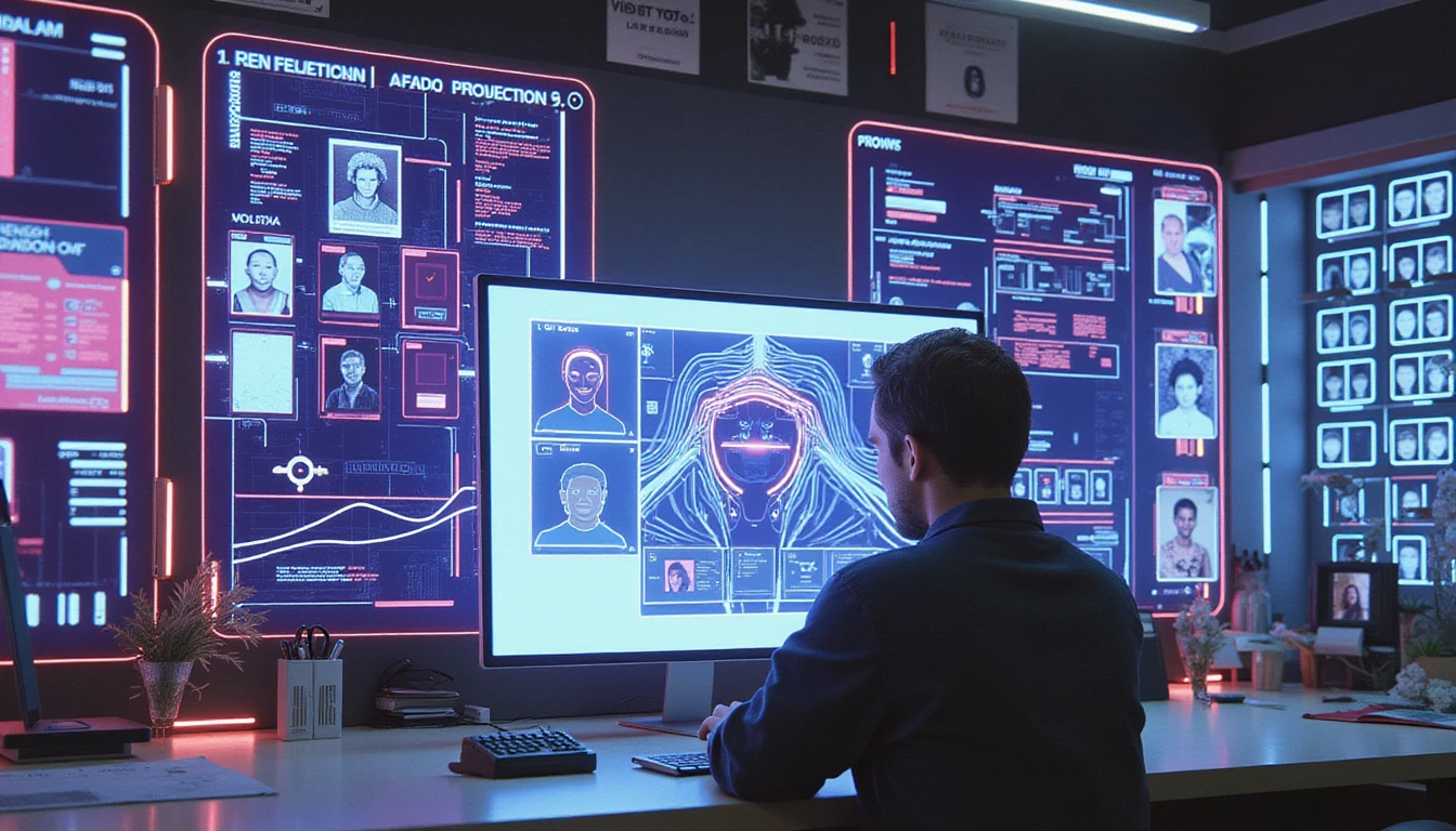 Futuristic office with insurance analyst reviewing deepfake fraud detection data on neon-lit AI-powered screens and networks