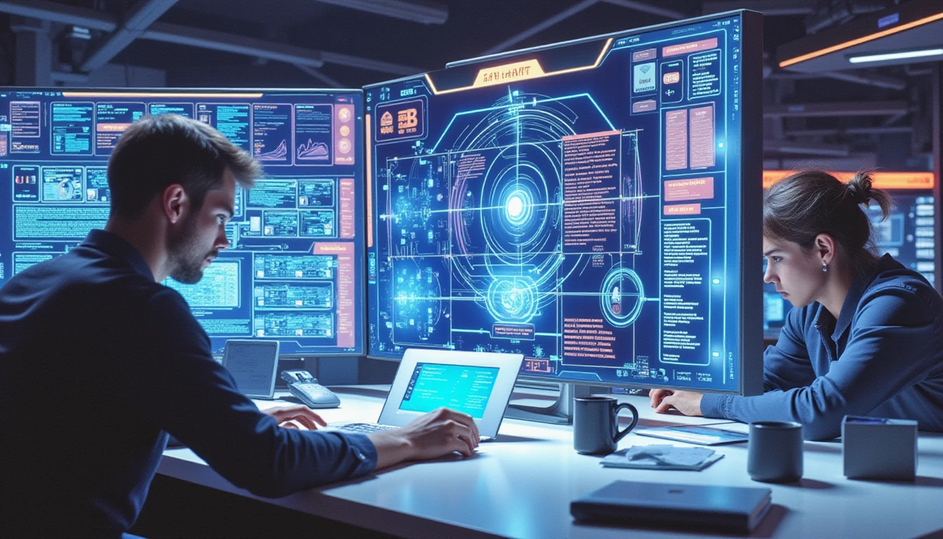 Professionals review digital documents in a high-tech office with glowing AI diagrams showing real-time fraud detection and analysis.