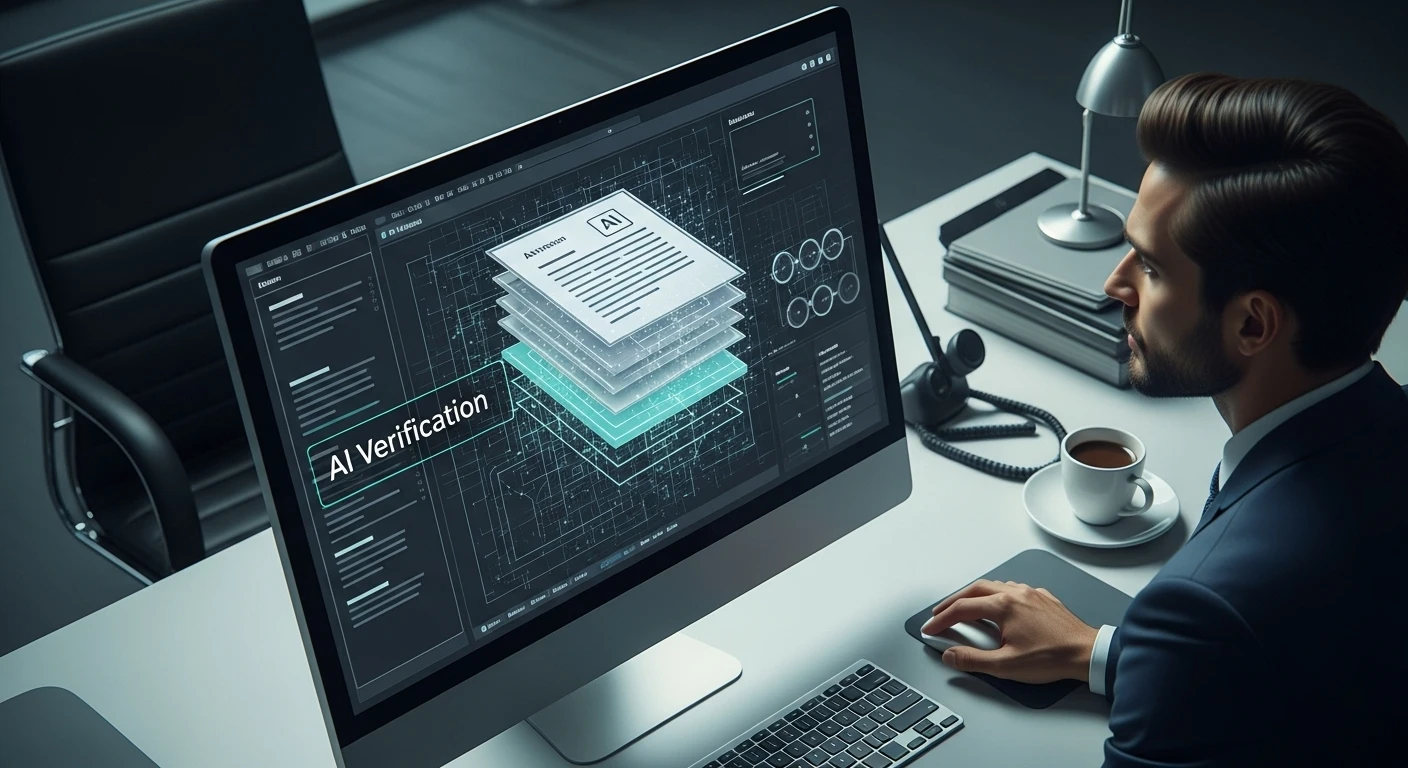AI detecting fake documents, with a modern digital interface analyzing document details, highlighting authenticity indicators.