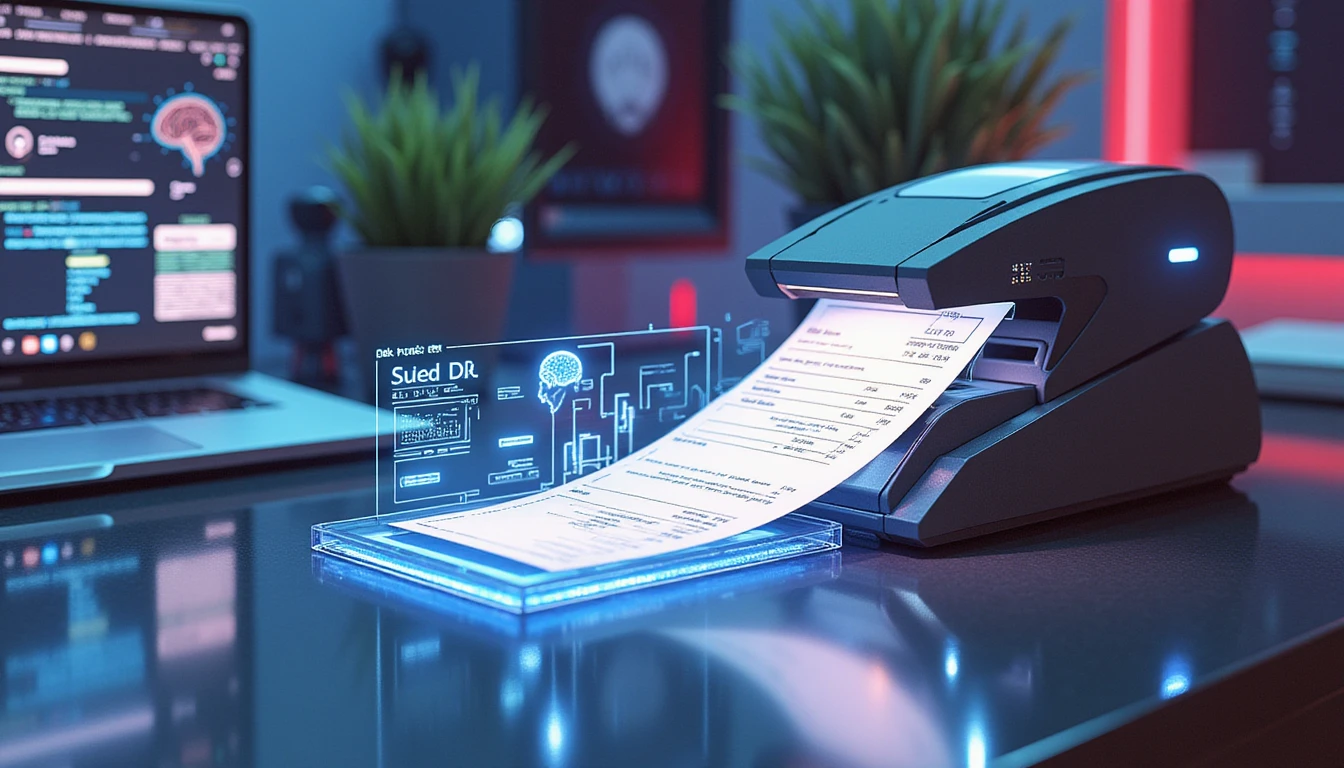 AI device scans glowing receipt on high-tech desk with holographic interface detecting fraud in futuristic neon-lit workspace