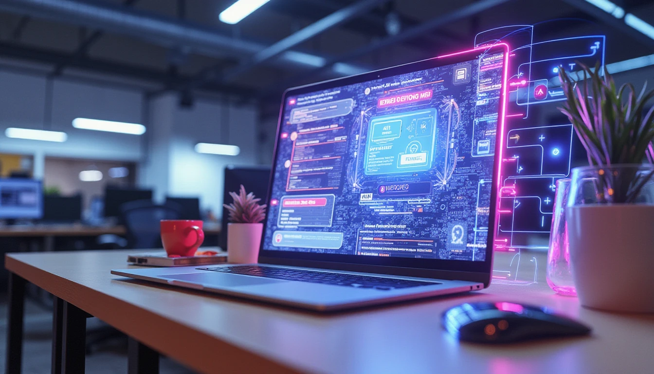 AI-powered expense management system under cyber threat with floating receipts and fraud scanner in neon-lit digital workspace