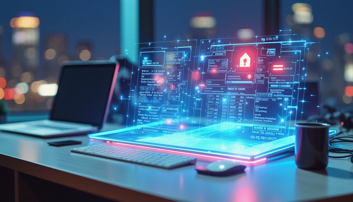 Futuristic macro view of a neon-lit expense management desk with holographic data, AI fraud detection, and blockchain symbols