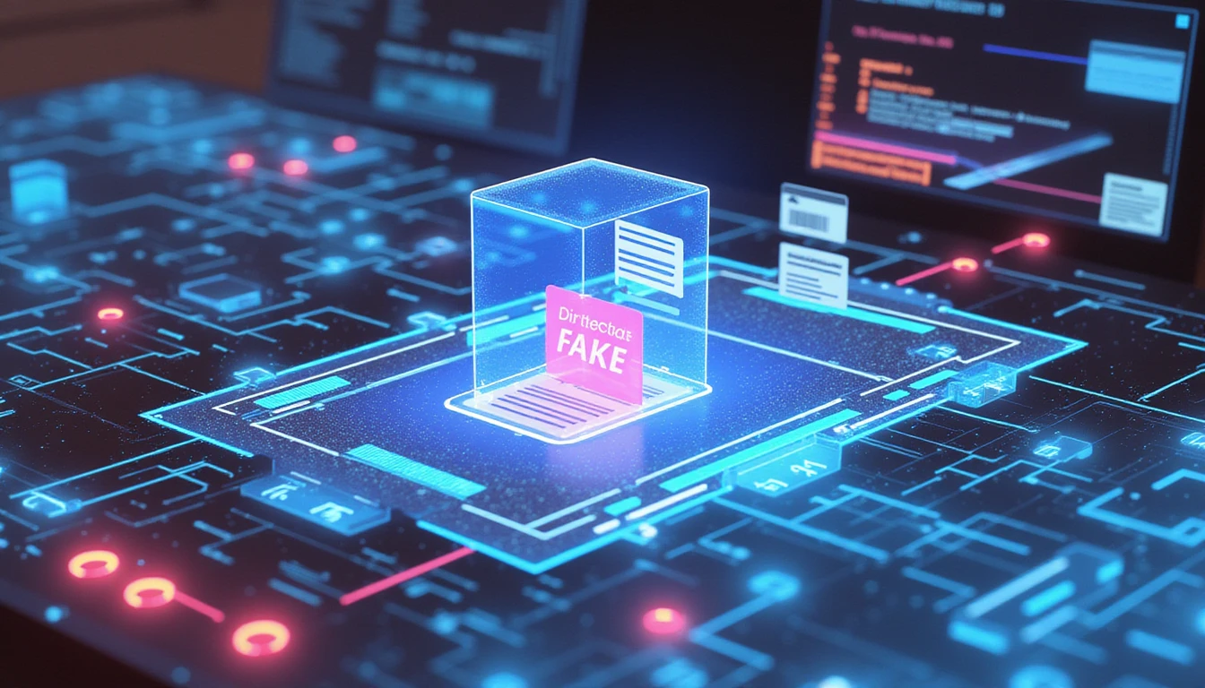 AI fraud detection interface scanning digital documents, highlighting a fake file amid neon data streams and holographic UI.