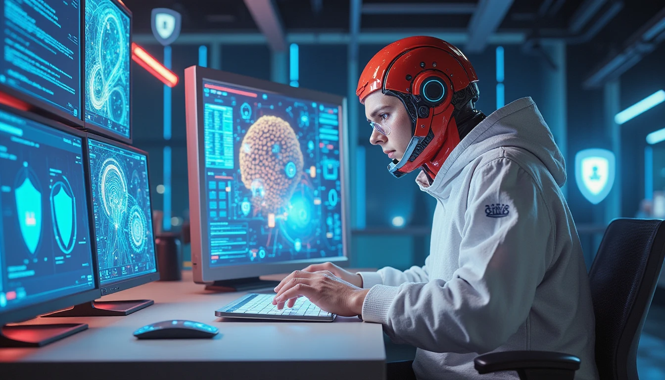 Cybernetic insurance analyst reviews AI image on holographic screen with neural diagrams, biometrics, and GDPR icons in tech hub