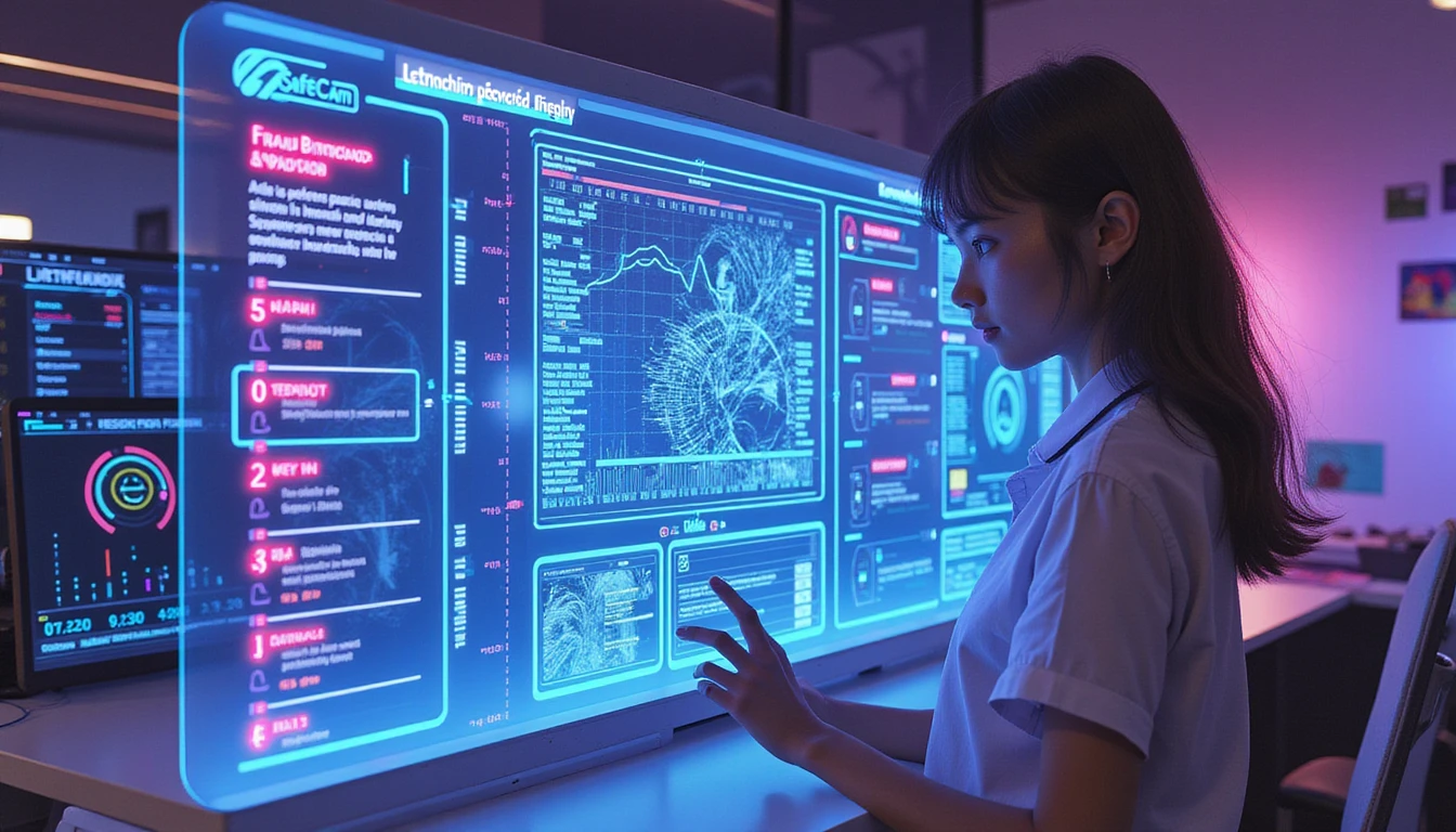 Futuristic workspace with person using holographic dashboard showing AI-driven fraud analytics and biometric data streams