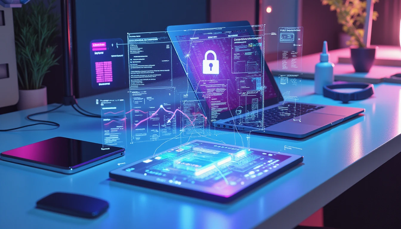 Futuristic workspace with holographic fraud analytics, AI scanning receipts, and icons for security and GDPR compliance