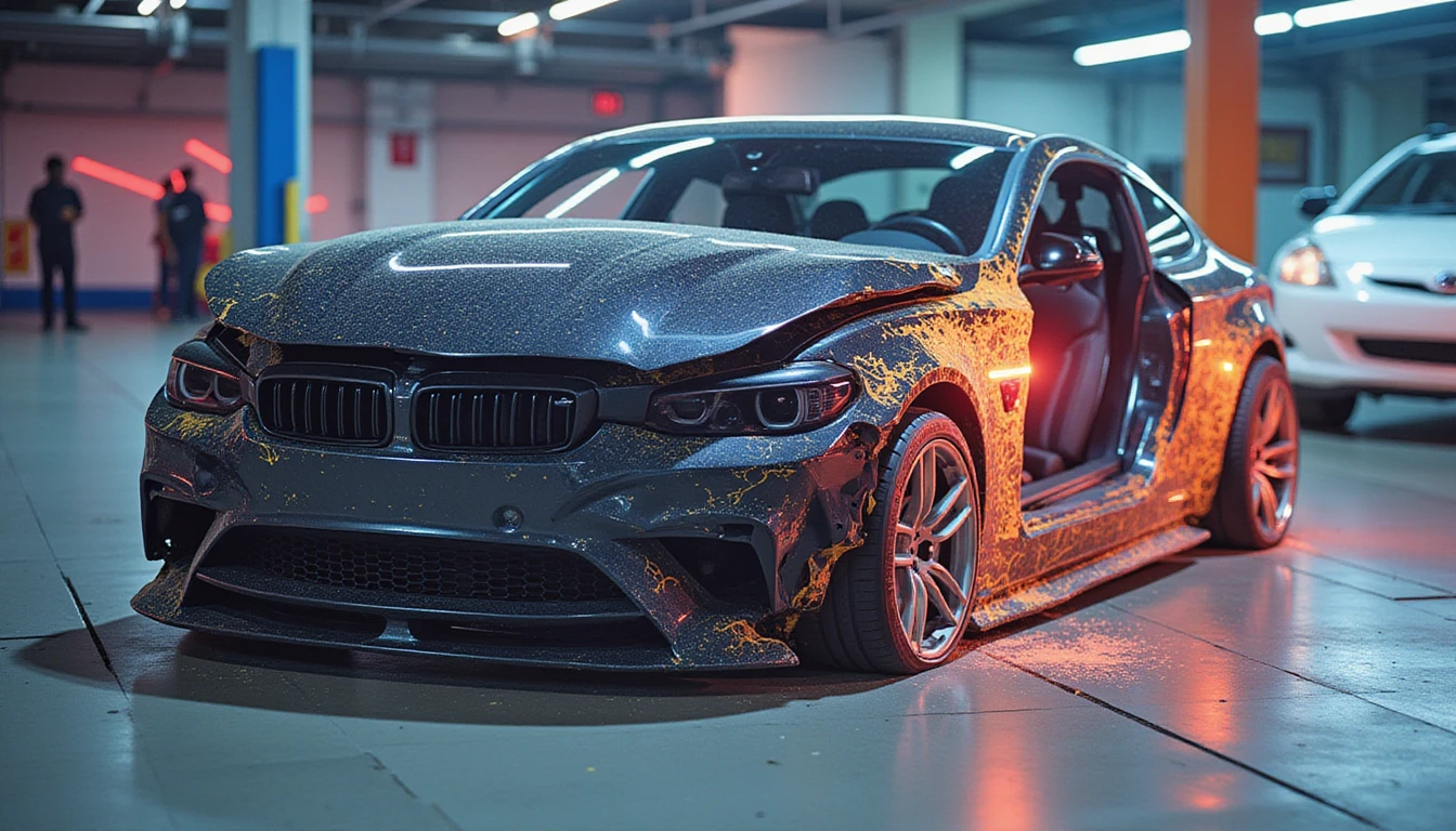 Damaged car under AI fraud detection with neon circuits, holographic data, and glowing metadata in insurance claim analysis.