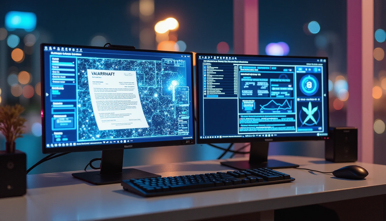 Dual-monitor tech workspace analyzing a digital receipt with AI fraud detection tools and neon-glow forensic HUD elements