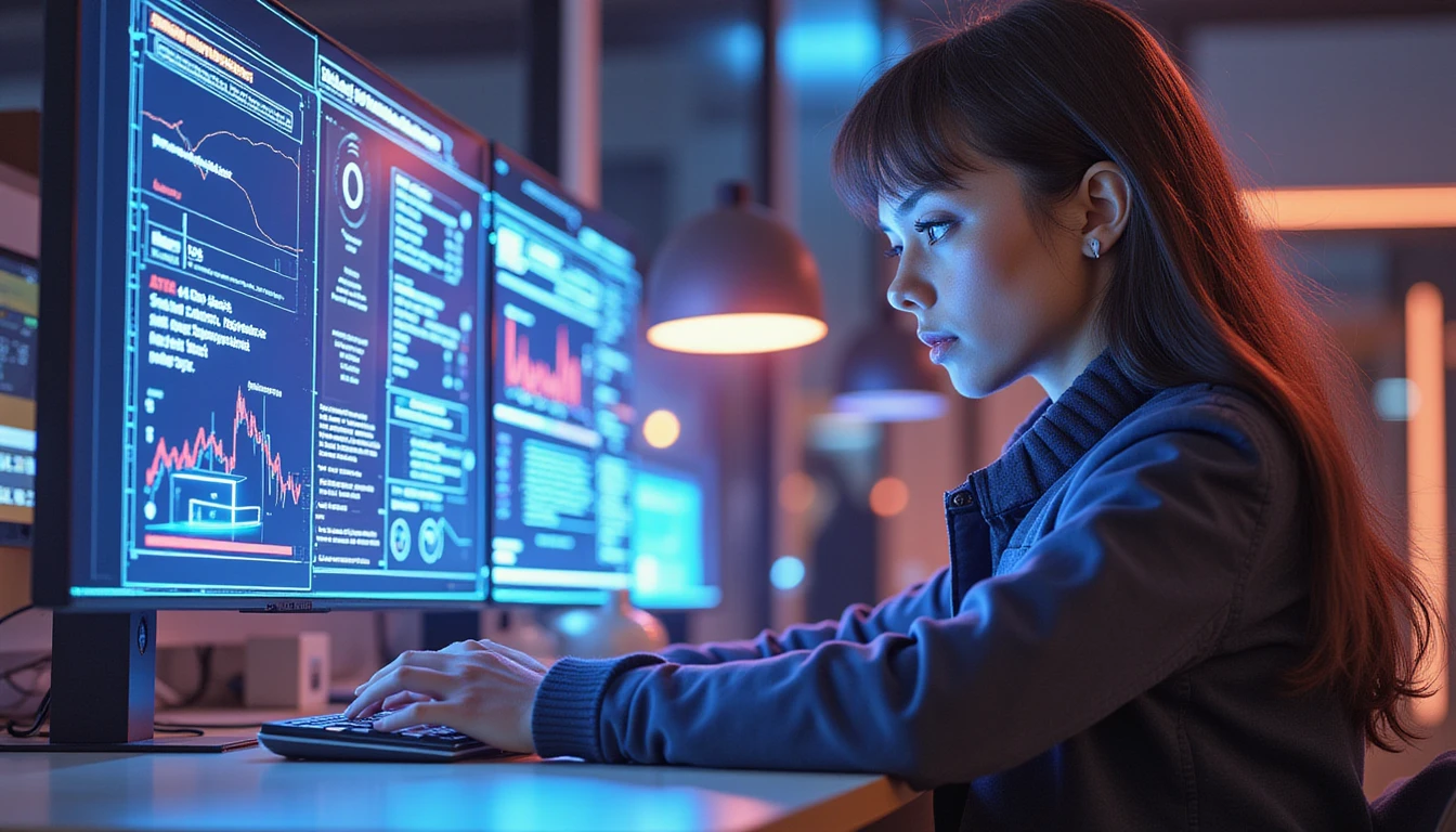 Professional reviews digital receipts on holographic interface in neon-lit office, with AI fraud detection visual in background