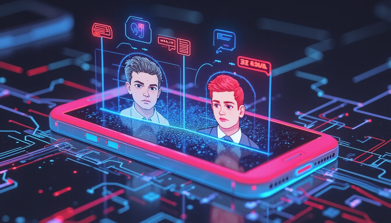 Futuristic dating app screen compares real and fake profiles with AI HUD showing biometric scans and digital fraud detection.