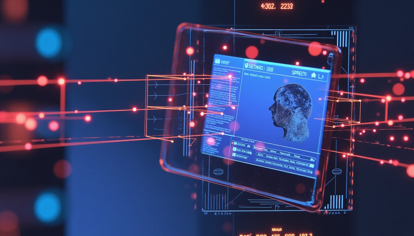 AI-powered fraud detection interface with neon-lit circuits analyzing digital data, symbolizing secure, advanced forensic insurance technology.