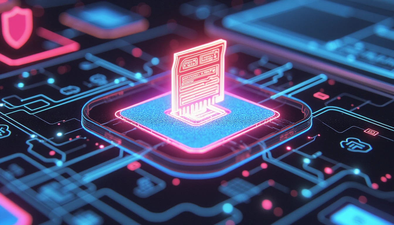 Futuristic AI-powered receipt scanner analyzing data with neon-lit circuits, secure cloud links, and fraud detection symbols
