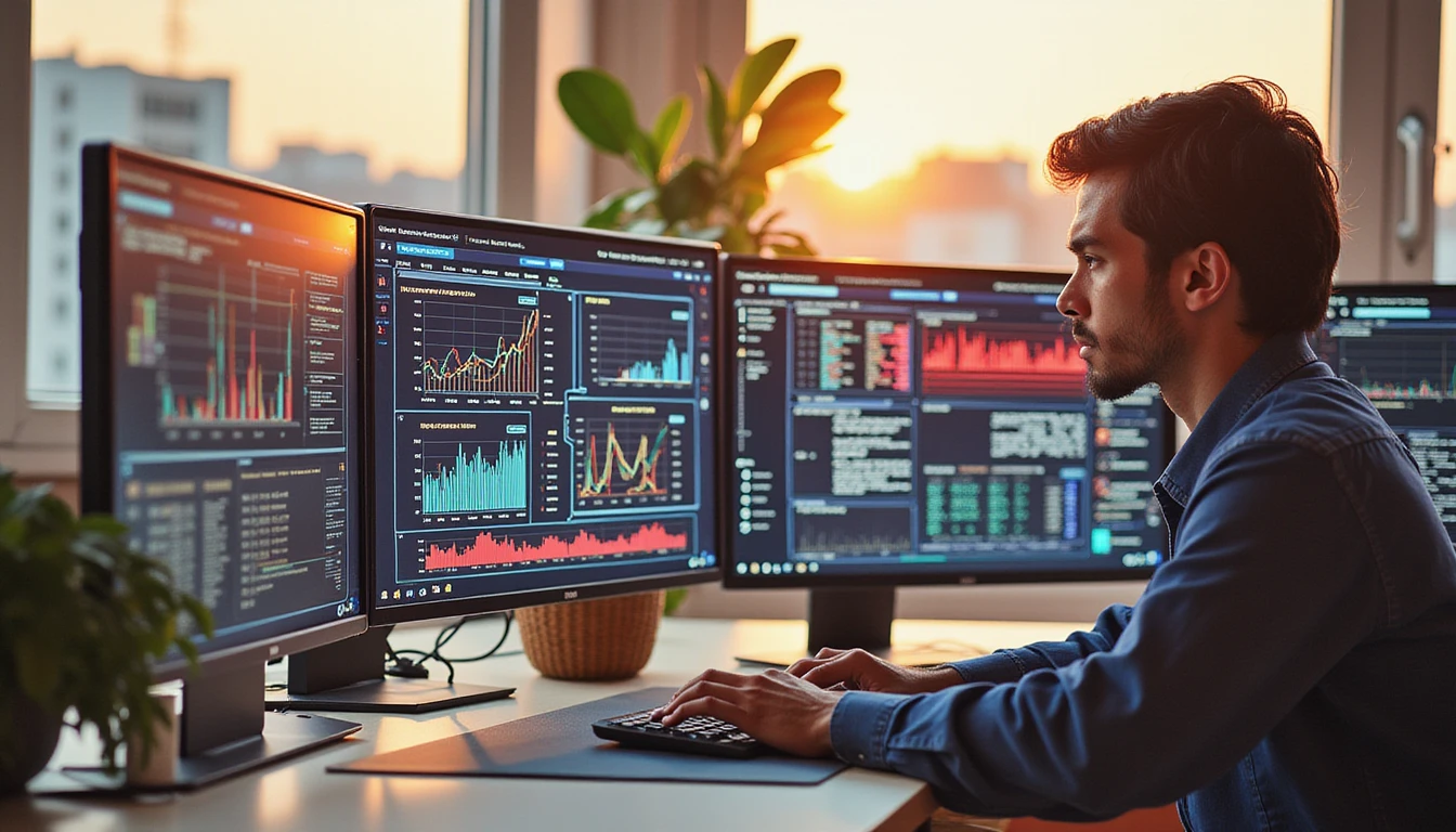 A cybersecurity expert analyzes digital evidence on high-tech screens, with holographic fraud detection data glowing in a futuristic workspace.