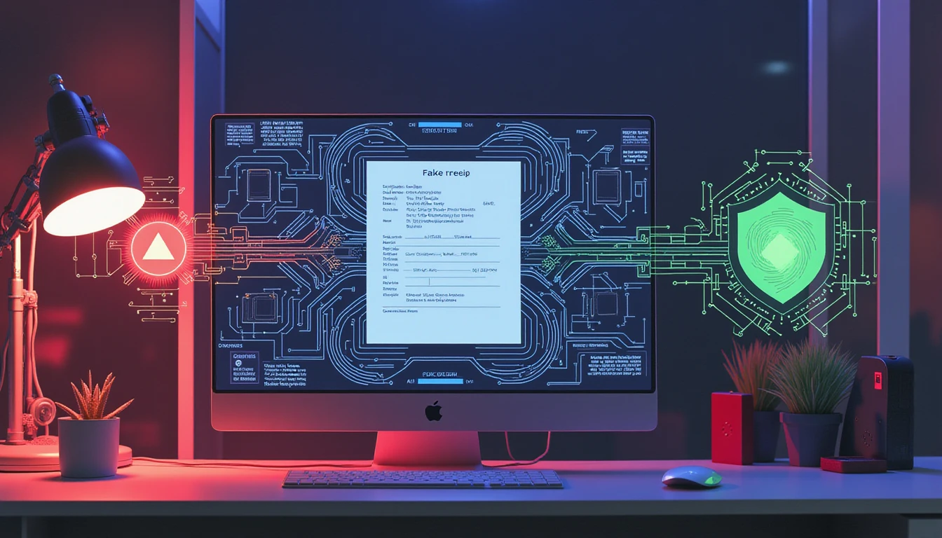 Futuristic AI-powered office analyzing receipts; fake flagged with red icon, verified marked by green shield under neon glow