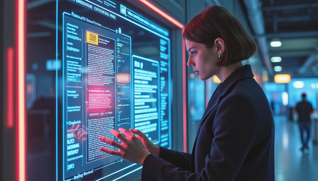 A high-tech insurance investigator analyzes a digital claim on a holographic screen with AI-driven fraud detection scanning for anomalies.