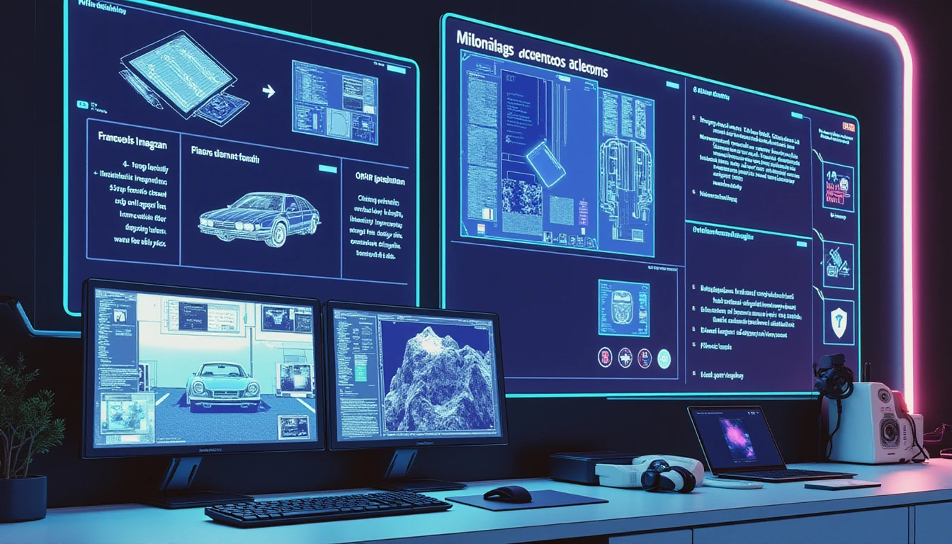 Futuristic insurance office with AI forensics display, digital claim analysis, and neon-lit high-tech workspace at night