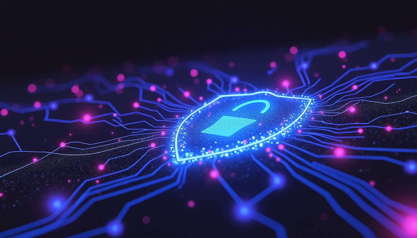 Futuristic cybersecurity shield with neon-lit data nodes, symbolizing AI-driven fraud detection, compliance, and risk analysis in insurance.