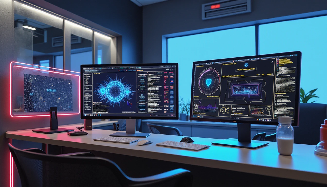 High-Tech-Versicherungsbüro mit KI-Betrugserkennung, holografischen Schnittstellen und Visualisierungen zur Cybersicherheit, die die DSGVO-Konformität hervorheben