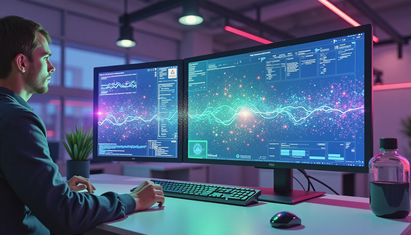 Futuristic insurance analyst reviews glowing digital claim screen with AI fraud detection overlay in neon-lit office.