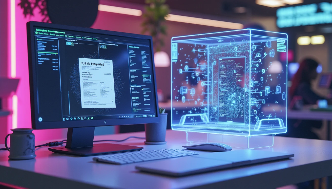 Futuristic digital workspace with AI interface scanning a synthetic receipt, visualizing layered fraud detection in neon-lit setting