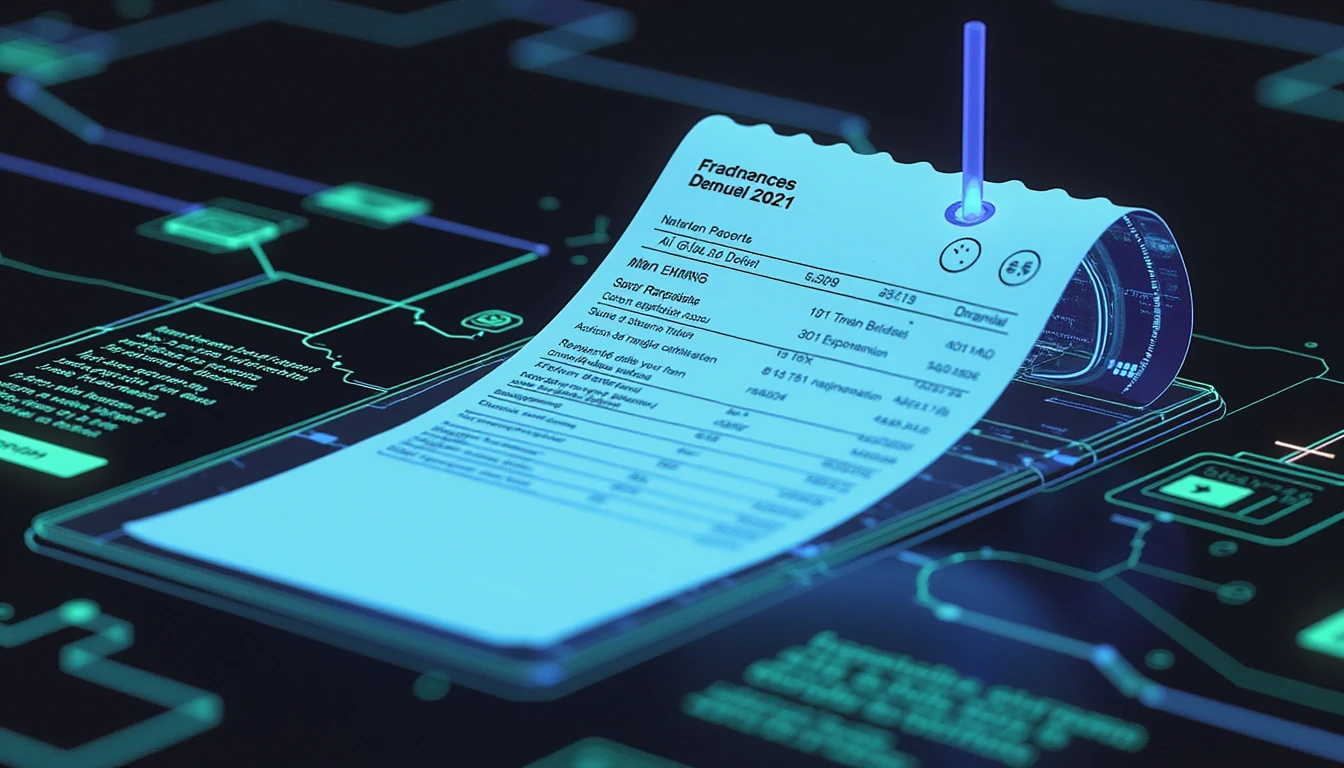 Futuristic AI interface scans digital receipt with glowing neural network, symbolizing fraud detection in expense management.