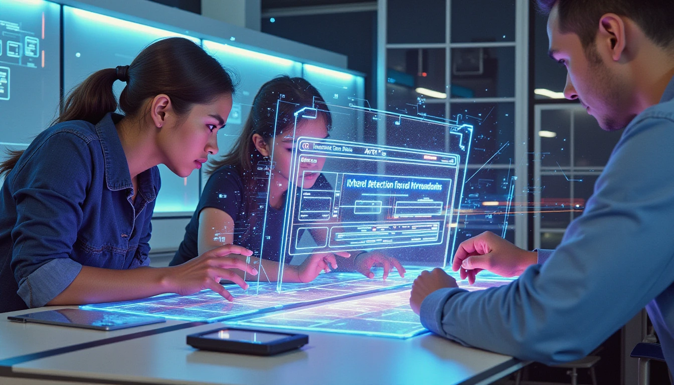Professionals review insurance claims on high-tech screens as an AI-powered fraud detection system analyzes data with holographic overlays.