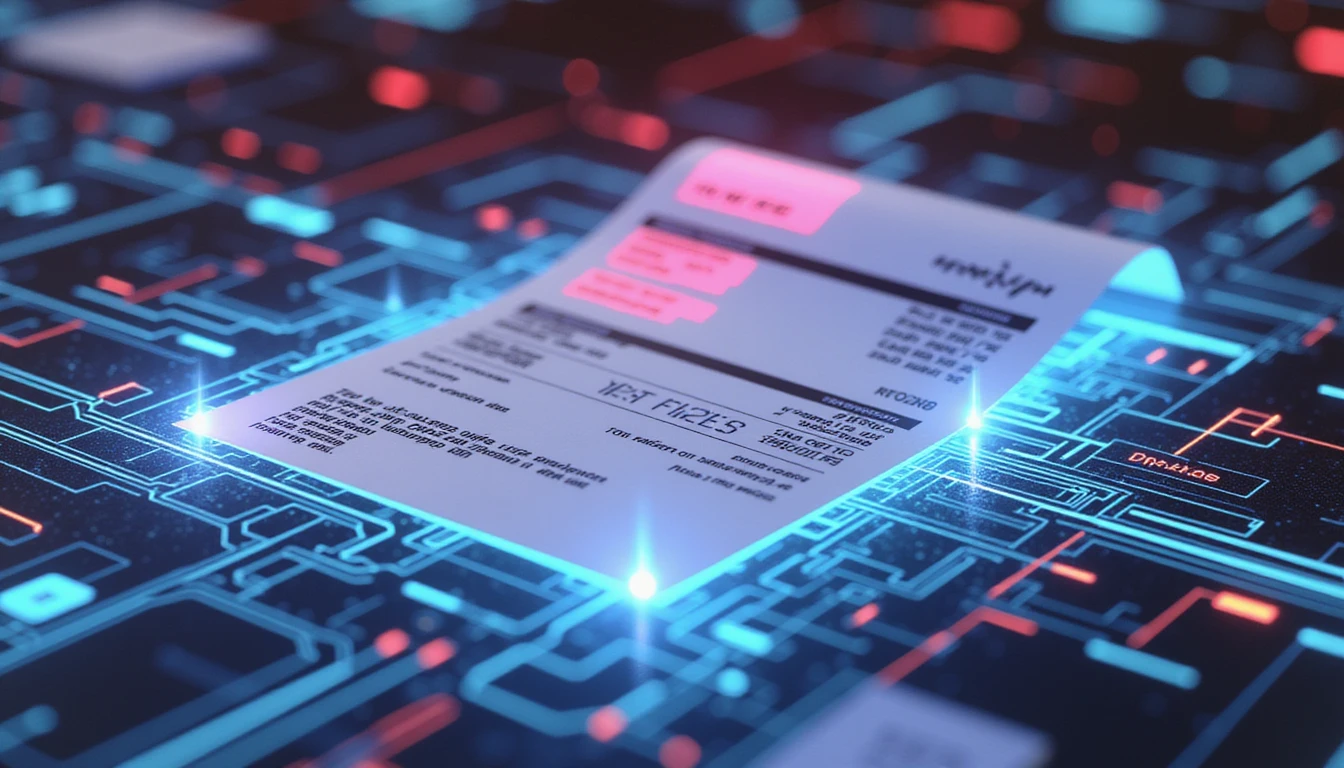 Futuristic macro view of AI analyzing a digital receipt with neon neural networks, data streams, and fraud detection markers