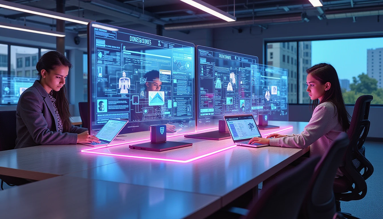 Versicherungsanalysten überprüfen holographische Betrugsdaten auf dem VAARHAFT Scanner in einem neonbeleuchteten, cybersicheren Büro