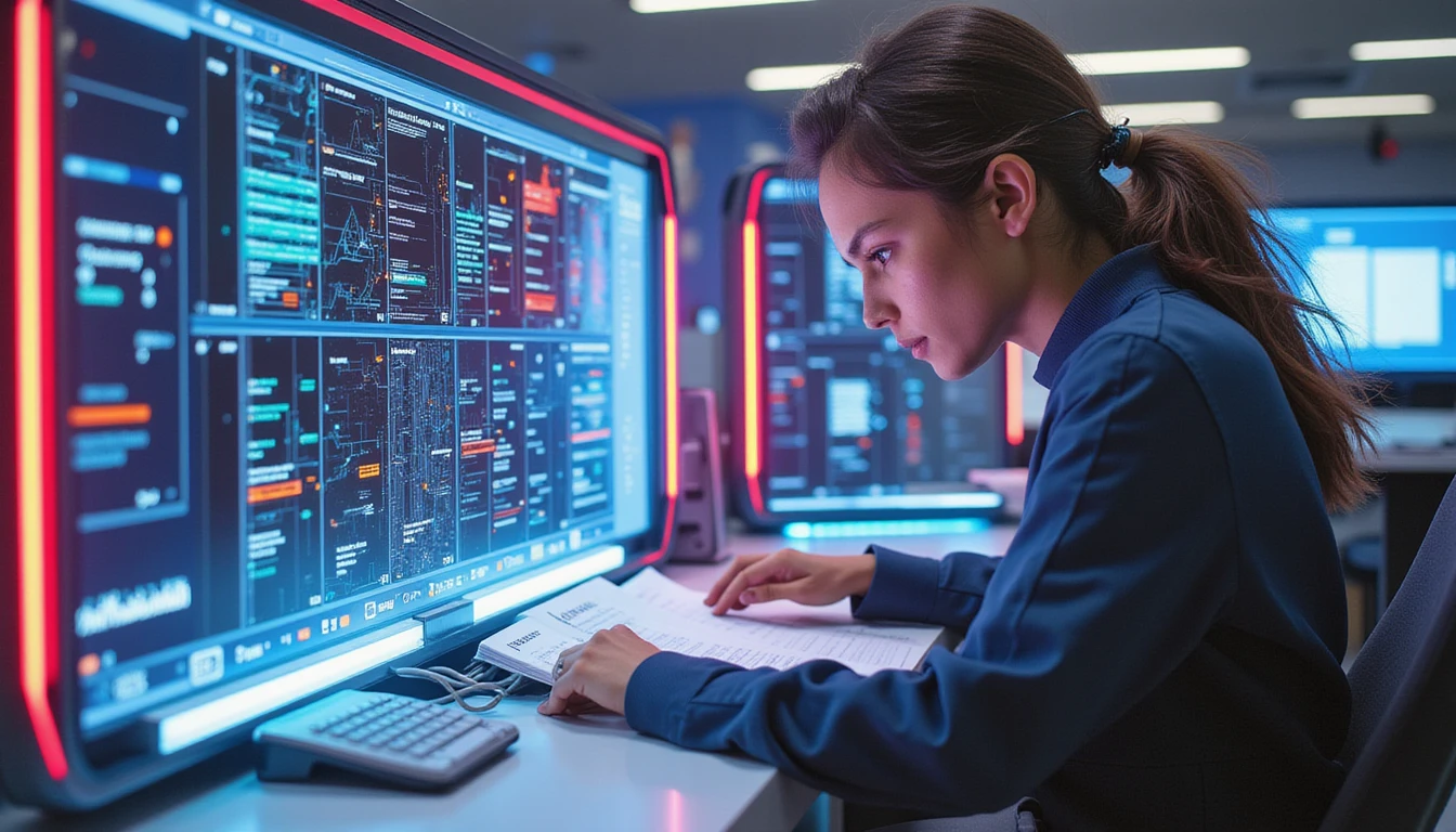Insurance analyst reviews holographic files on neon interface as AI detects image fraud via glowing anomalies and metadata streams