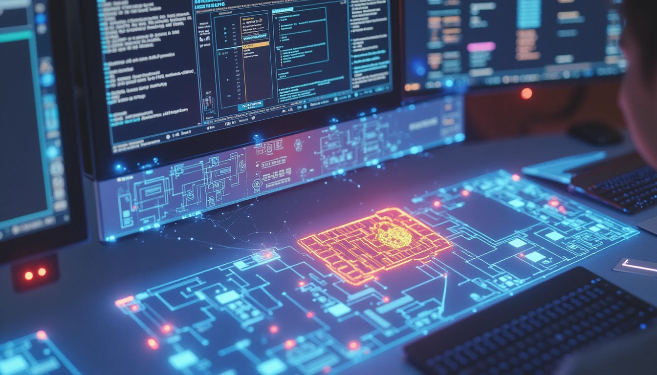 AI system analyzing forged expense report with neon data streams, metadata checks, and holographic fraud detection interface