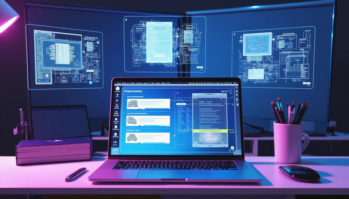 Futuristic office at night with AI fraud detection UI on laptop, holographic scans, and glowing data overlays in neon light.