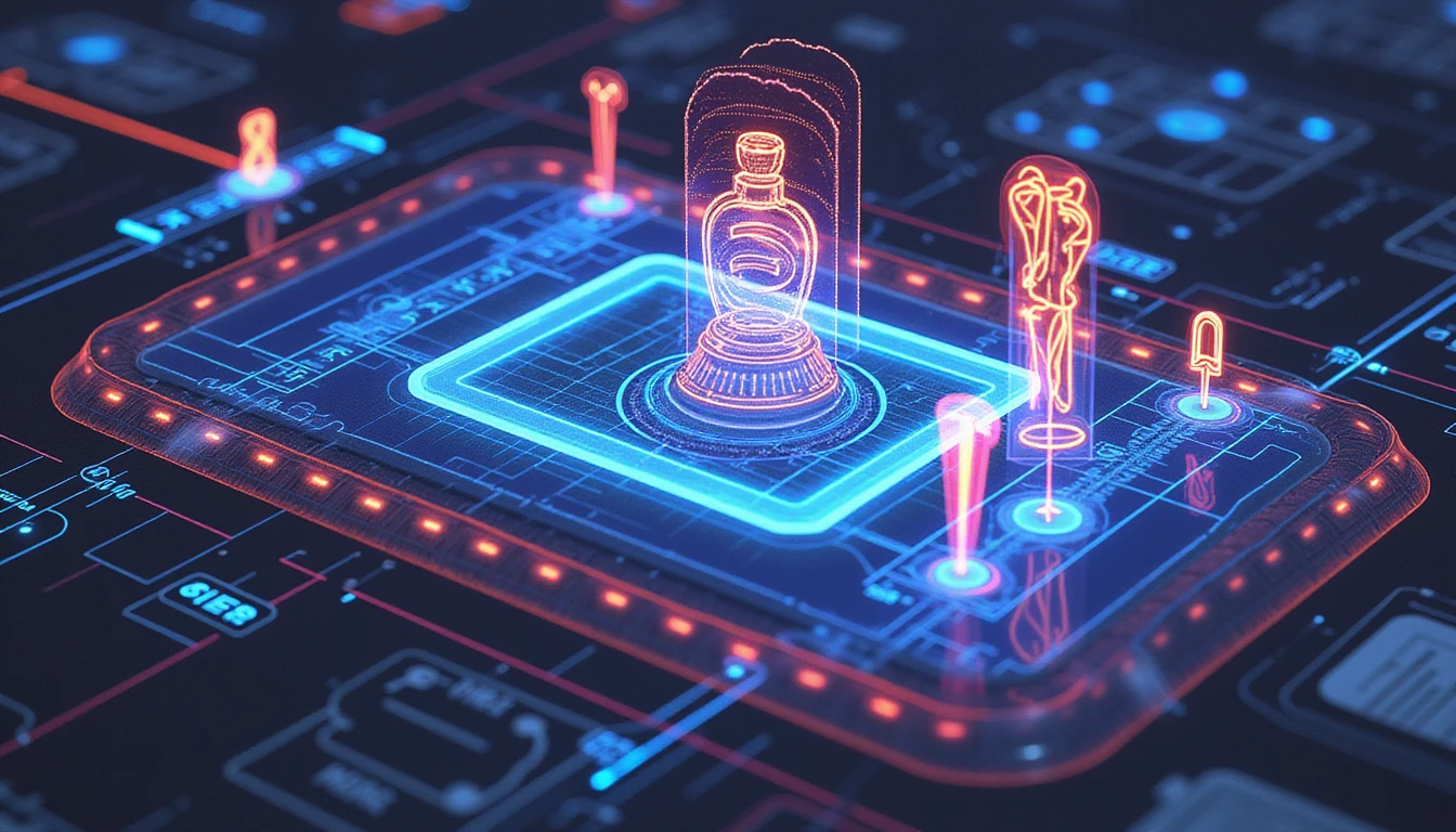 AI-driven interface analyzing insurance claim photos with neon UI, metadata layers, encryption, and GDPR compliance icons