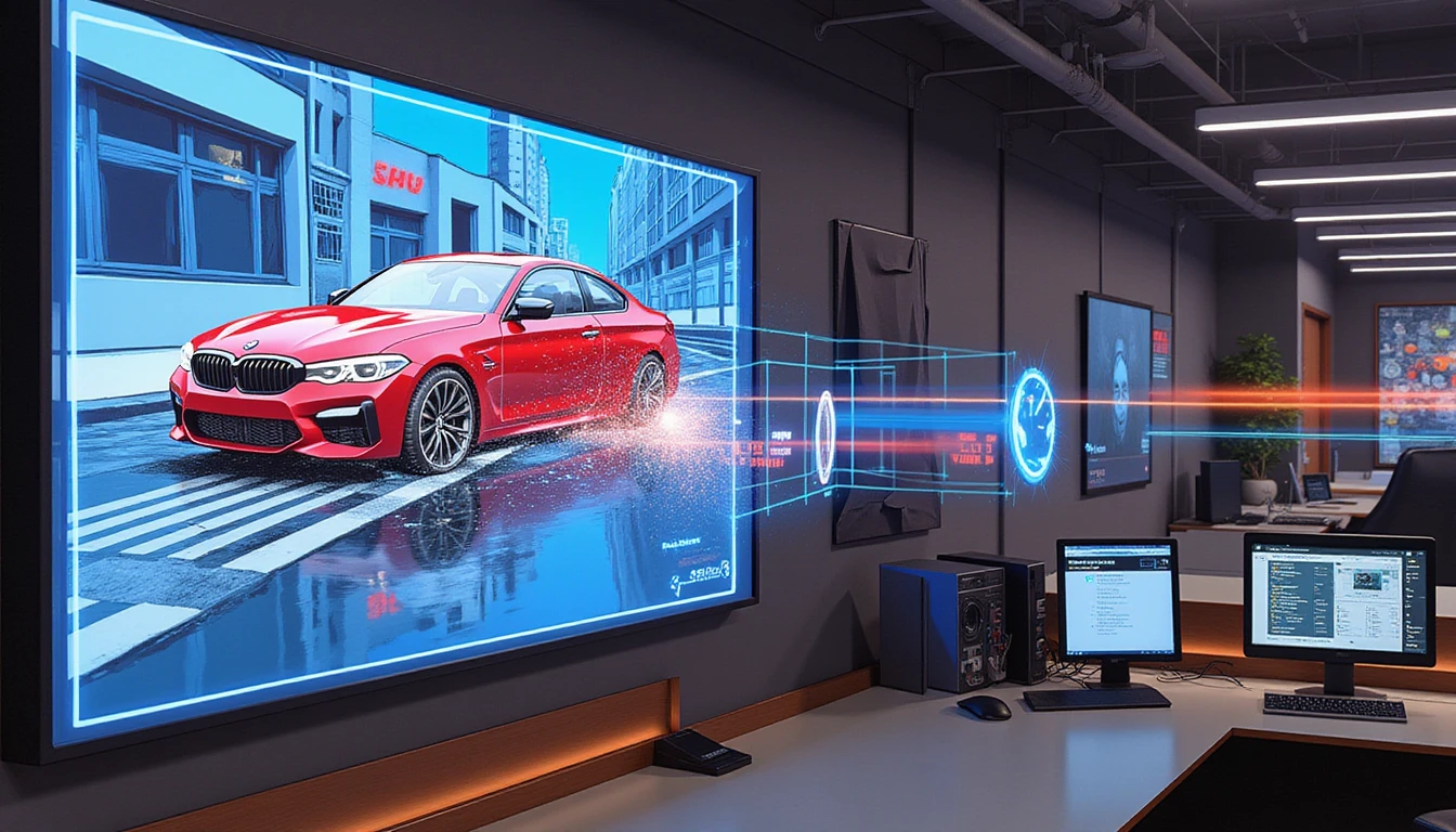 Futuristic insurance office with neon-lit fraud detection interface analyzing vehicle damage via holograms and real-time AI systems