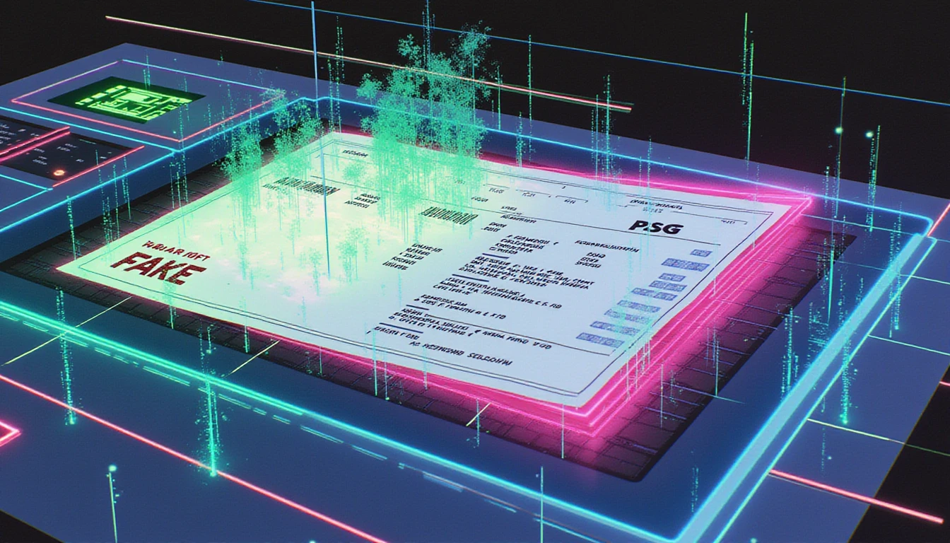 Futuristic AI fraud scanner analyzing a fake receipt with glowing data patterns, holograms, and neon cybersecurity visuals