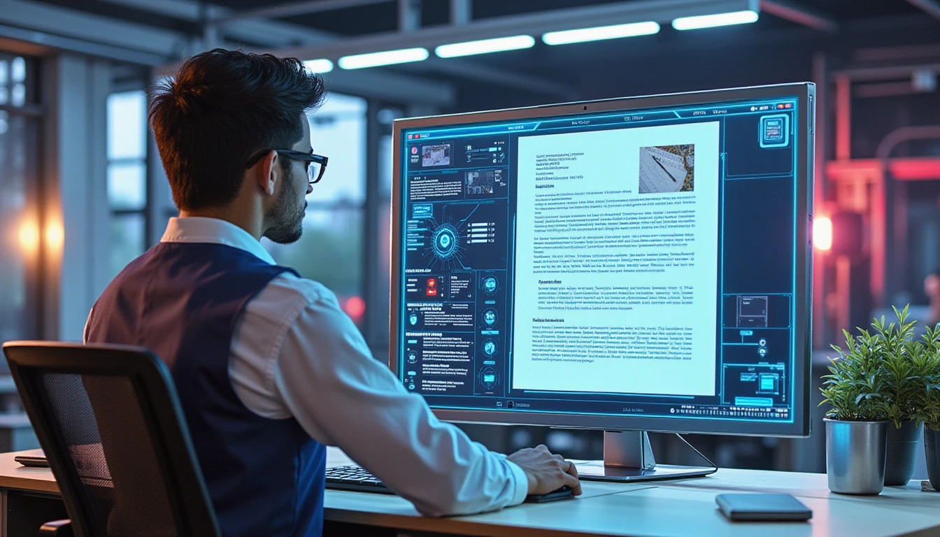 Insurance analyst reviews digital documents on futuristic screen with AI fraud detection and cybersecurity elements.
