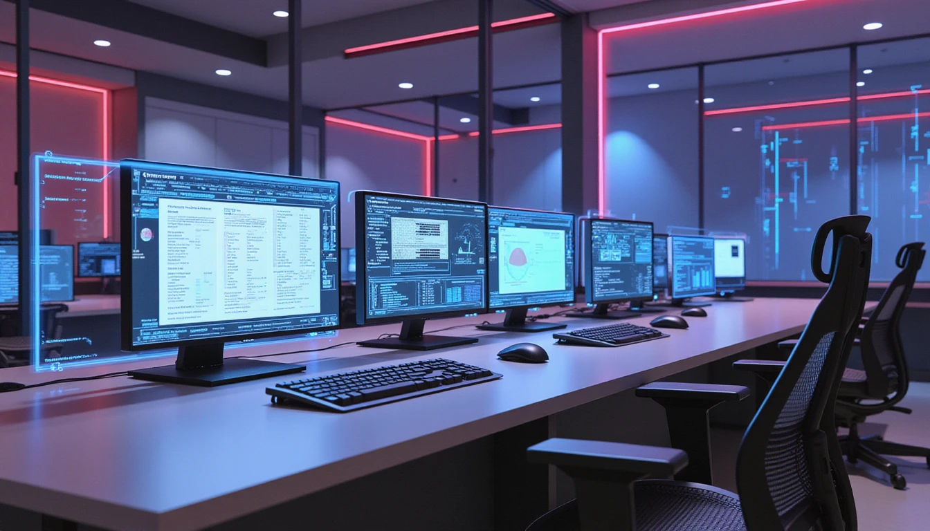Futuristic office with neon-lit workstation, showing holographic screens of AI analytics and receipt fraud detection tools