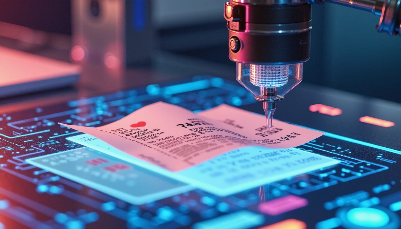 AI analyzing a crumpled receipt via neon interface with holographic data, symbolizing secure, tech-driven expense management