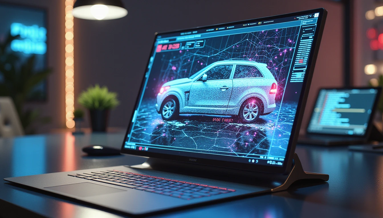 Futuristische KI-Schnittstelle scannt ein geteiltes Bild eines real beschädigten Autos und eine flimmernde synthetische Textur zur Betrugserkennungsanalyse