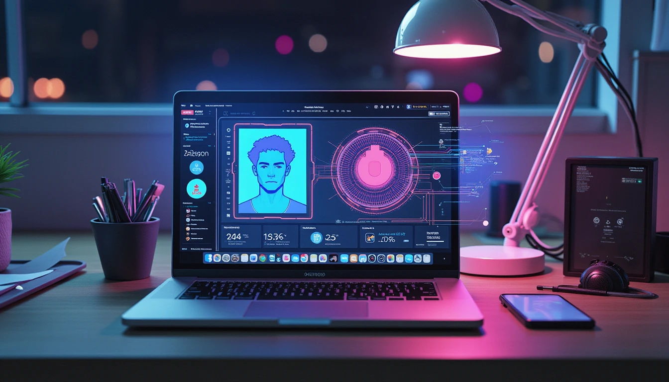 Modern workspace with laptop showing dating app verification UI, AI facial recognition, and data flow visuals in neon tones