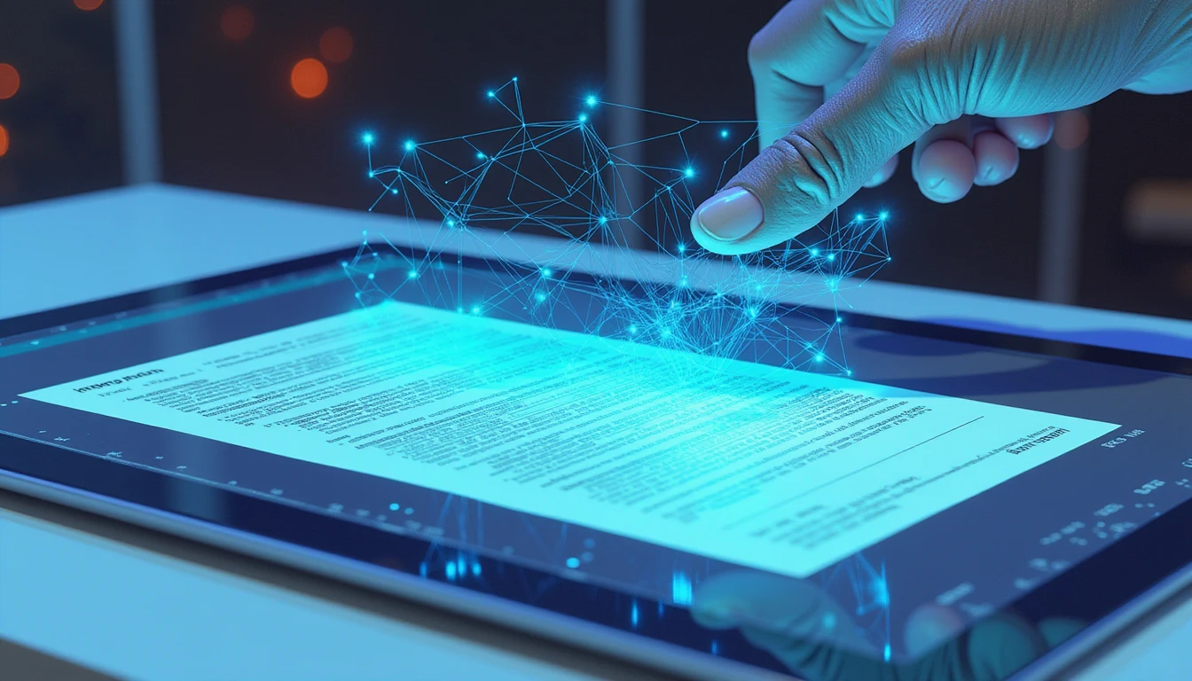 AI analyzing a digital insurance claim on a neon-lit tablet with futuristic neural network overlay in a modern tech office