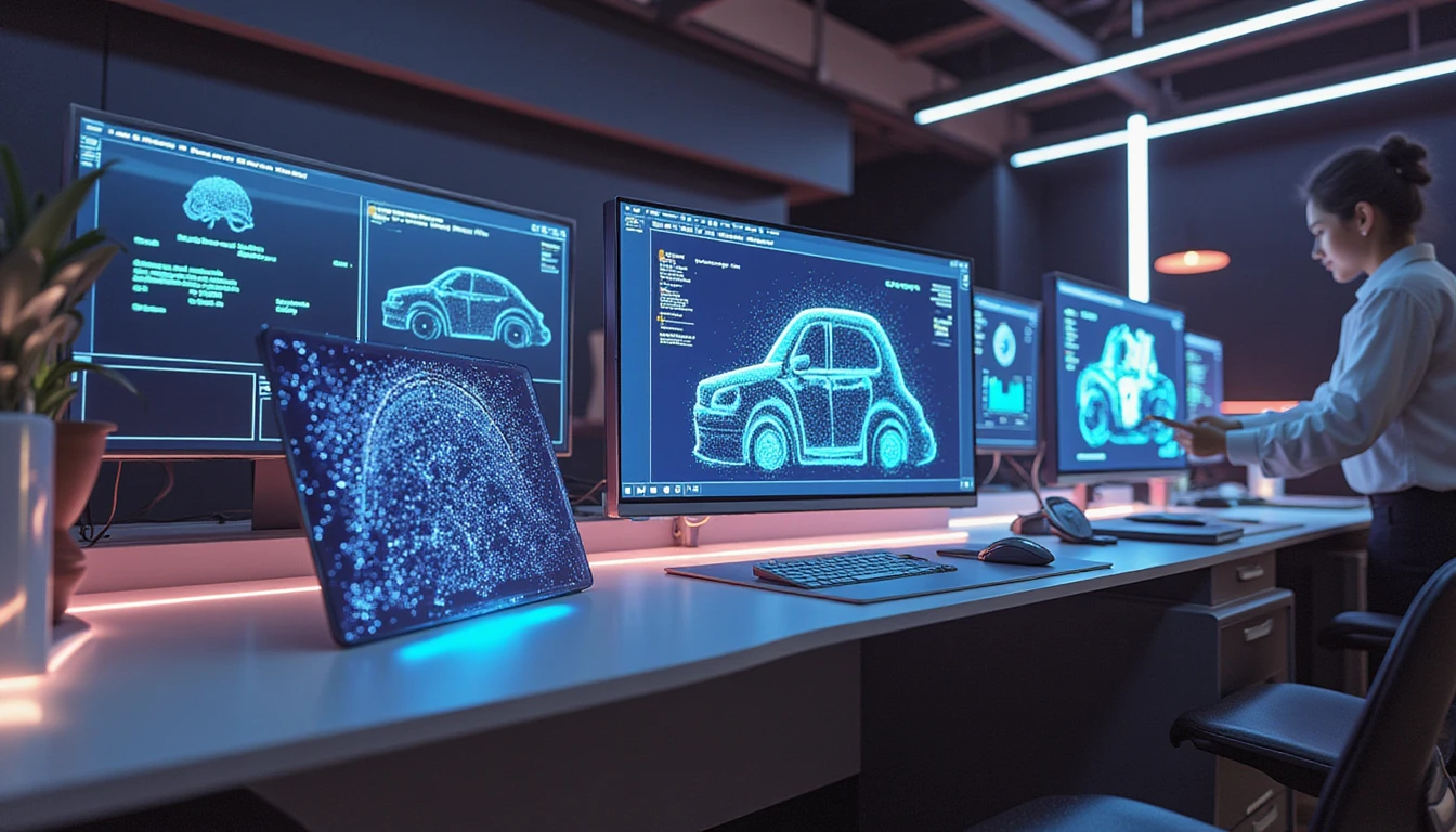 Futuristic insurance office at night with holographic AI fraud detection displays and a professional using a mid-air dashboard