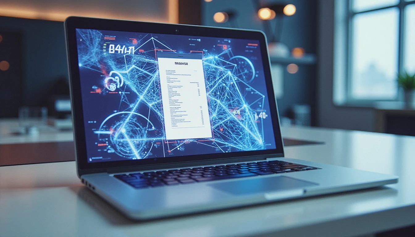 Futuristic laptop screen showing AI analyzing a fake digital receipt, with neon fraud detection graphics in a sleek office setting