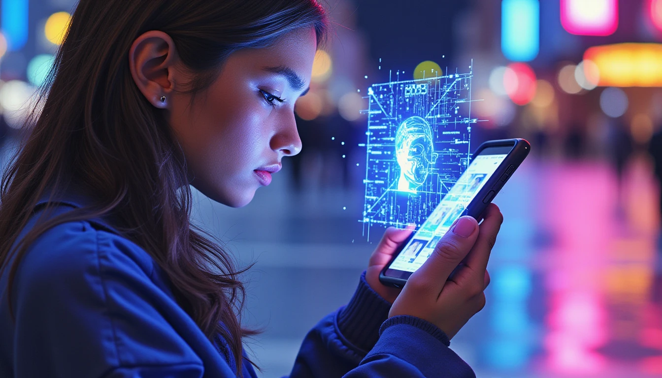 Person using a dating app on phone at night with neon city backdrop, holographic AI profile scan, cyberpunk design, trust-focused.