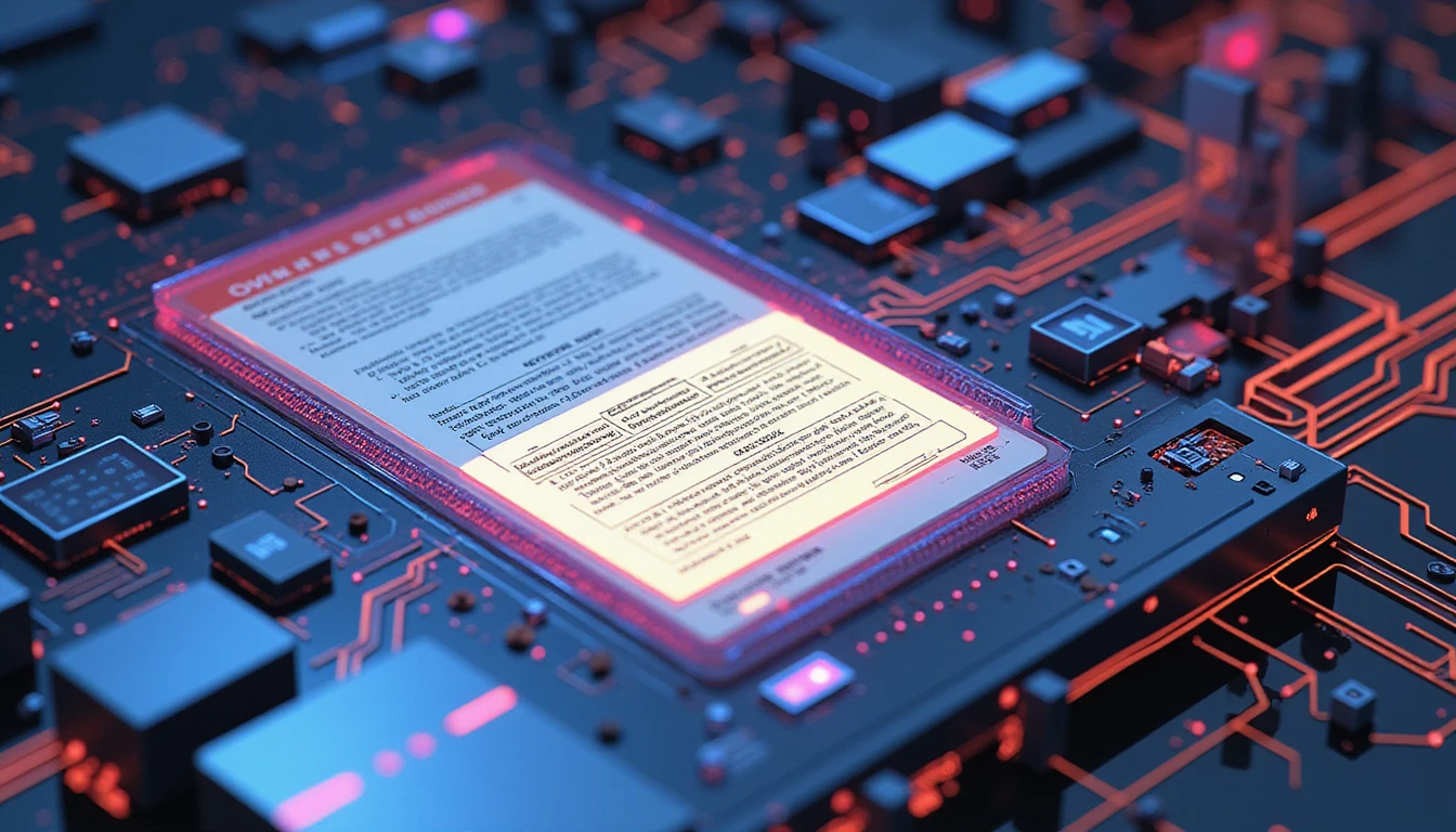 Futuristisches KI-System scannt digitale Versicherungsdokumente mit neonfarbenen Schaltkreisen und hebt Betrugserkennung und Echtzeitanalyse hervor