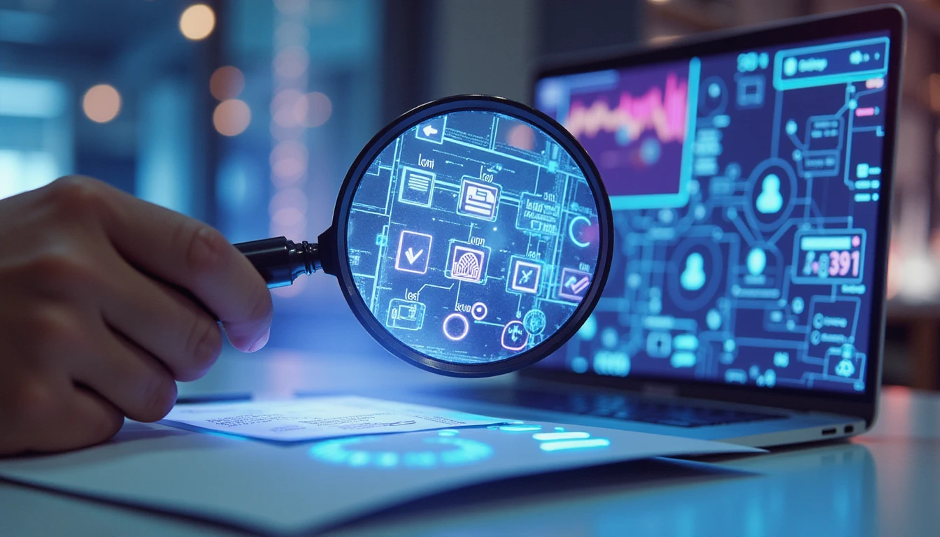 Hand holding magnifying glass over glowing digital receipt, with holographic fraud analytics and AI security data in background