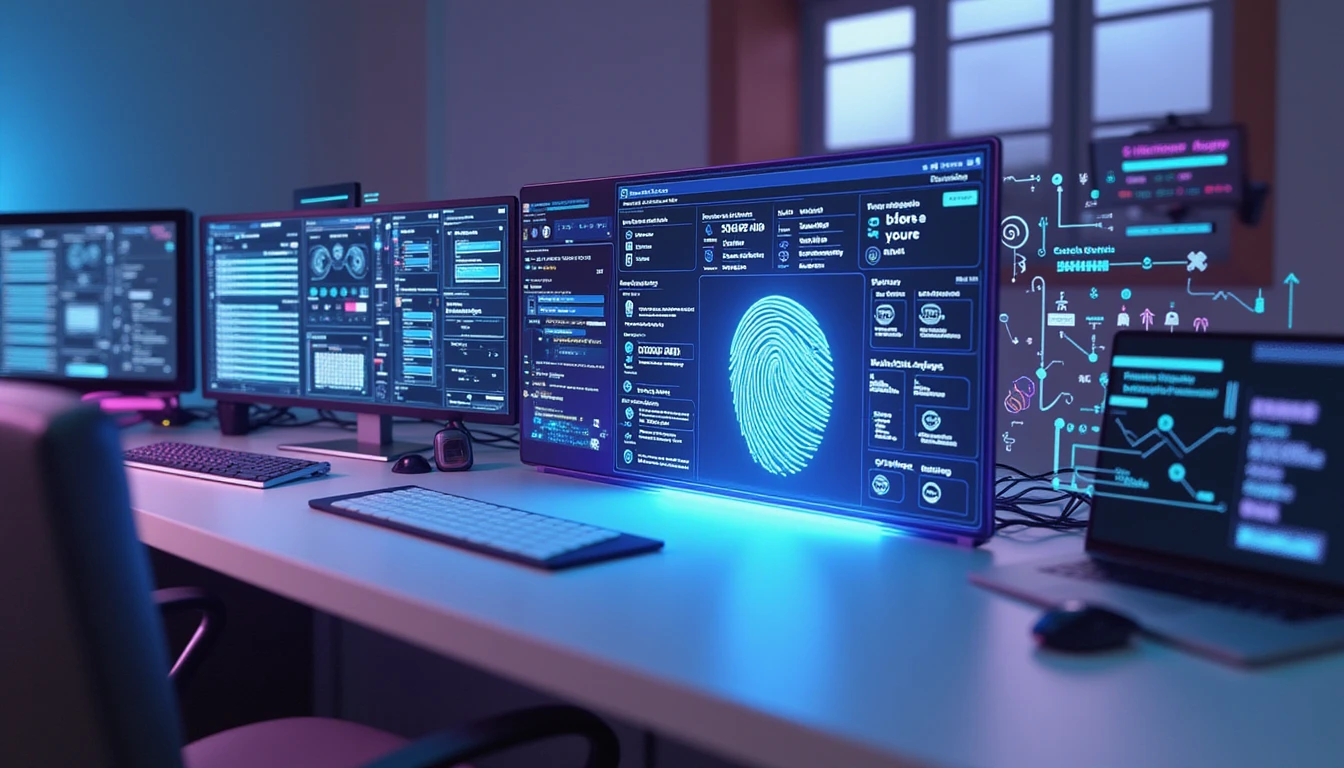 Modern digital workspace with holographic AI circuits, fingerprint scanner, and secure data flow visuals for fraud detection.