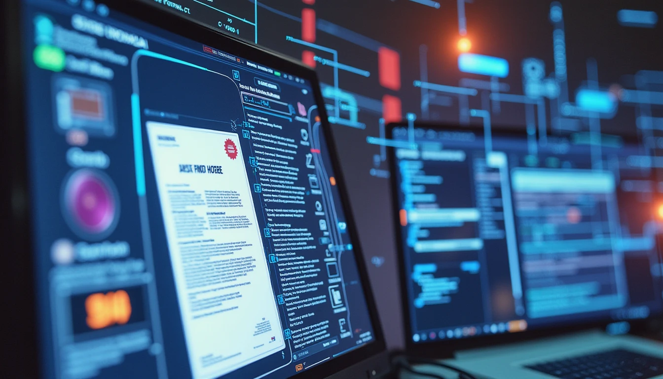 AI software flags a forged insurance document on a neon-glow digital workspace with holographic cybersecurity visuals